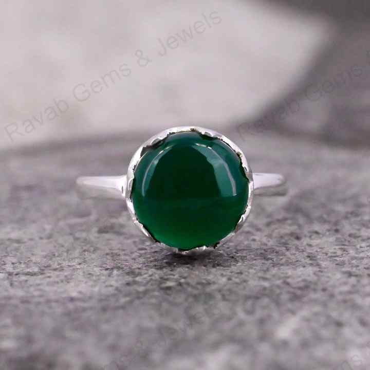 Natural Green Onyx Gemstone 10mm Round Shape Smooth Pre-Noted Setting Solid 925 Sterling Silver Handmade Simple Band Ring