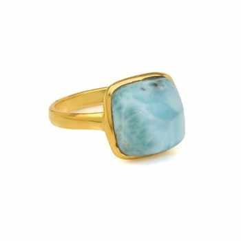 Handmade 12mm Larimar Gemstone Bezel Ring Simple Cushion Stone Design 18K Gold Plated Silver Beautiful Fine Jewelry for Women