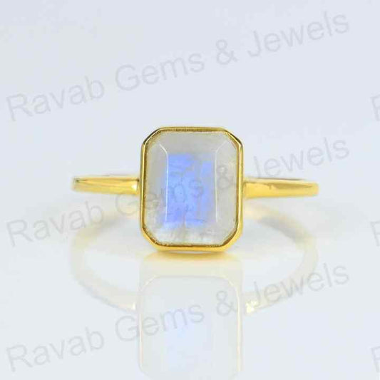 Best Selling Handmade 925 Silver Natural 8x10mm Rainbow Moonstone Gold Vermeil Eternity Fine Jewelry Bezel Set Ring for Women