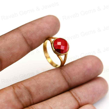 Top Quality Solid 925 Sterling Silver Red Garnet Hydro 12mm Round Checker Cut Bezel Setting 18k Gold Plated Ring for Women's