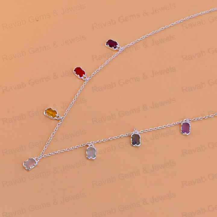 Best Selling 925 Silver Octagon Natural Crystal Multi-Color 7 Birthstone Station Charm Pendant Layering Necklace Fine Jewelry