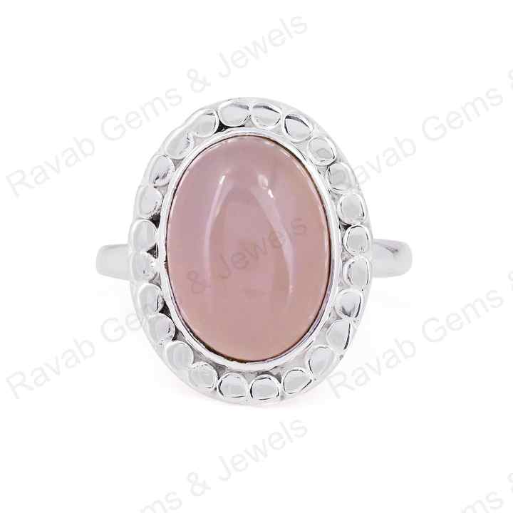 Natural Rose Quartz 10x14mm Oval Cabochon Gemstone Solid 925 Sterling Silver Beaded Bezel Setting Ring Handmade Fine Jewelry