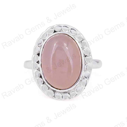 Natural Rose Quartz 10x14mm Oval Cabochon Gemstone Solid 925 Sterling Silver Beaded Bezel Setting Ring Handmade Fine Jewelry