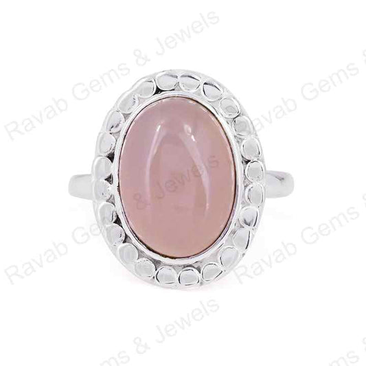 Natural Rose Quartz 10x14mm Oval Cabochon Gemstone Solid 925 Sterling Silver Beaded Bezel Setting Ring Handmade Fine Jewelry
