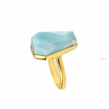 Beautiful High Polish Gold Plated Silver Coffin Shape Ring 10x17mm Natural Dominican Sky Blue Larimar Gemstone Jewelry for Women