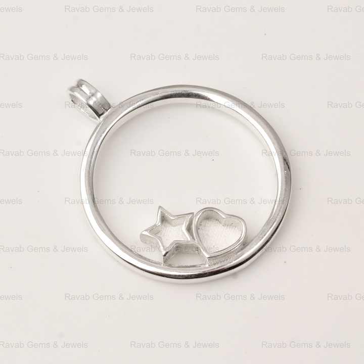 Selling Genuine 925 Silver Round Circle Disc With Star Heart Charm Semi Mount CZ Pendant Base for Keepsake Breastmilk Jewelry