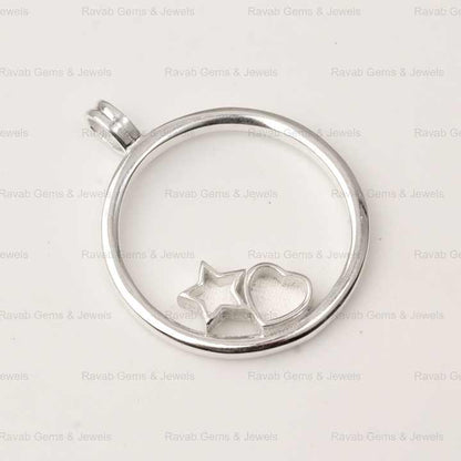 Selling Genuine 925 Silver Round Circle Disc With Star Heart Charm Semi Mount CZ Pendant Base for Keepsake Breastmilk Jewelry
