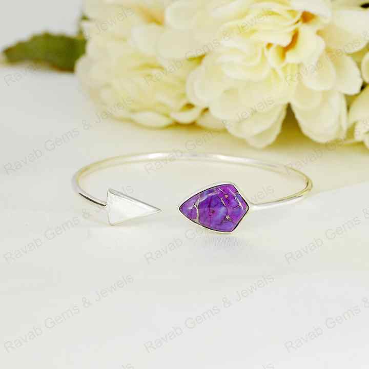 Best Selling Mohave Purple Copper Turquoise 925 Silver Bezel Shield Adjustable Arrow Shape Designer Bangle Fine Native Jewelry
