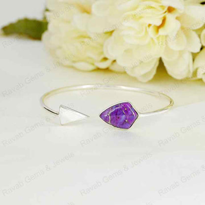 Best Selling Mohave Purple Copper Turquoise 925 Silver Bezel Shield Adjustable Arrow Shape Designer Bangle Fine Native Jewelry