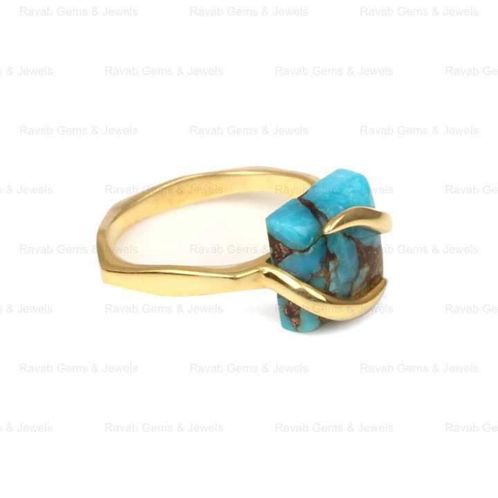 Top Selling 12mm Mohave Blue Copper Turquoise Gemstone Genuine 925 Silver Textured Top Band Dainty Square Shape Ring for Women