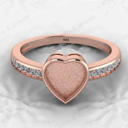 Genuine 925 Silver 8mm Heart CZ Breastmilk Semi Mount Blank Collet Ring Setting for Stone Resin & Ashes Work Keepsake Jewelry