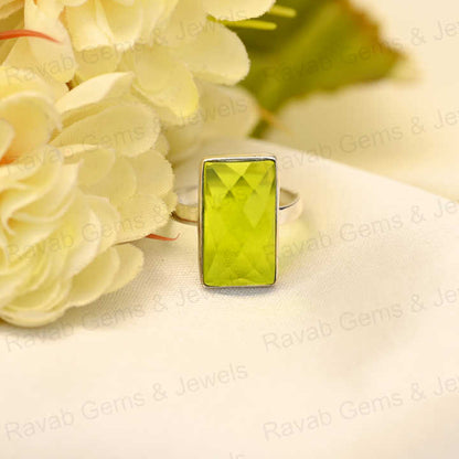 Top Selling Green Peridot Hydro Ring Sterling 925 Silver 10x14mm Checker Cut Faceted Bezel Setting Ring for Women Jewelry