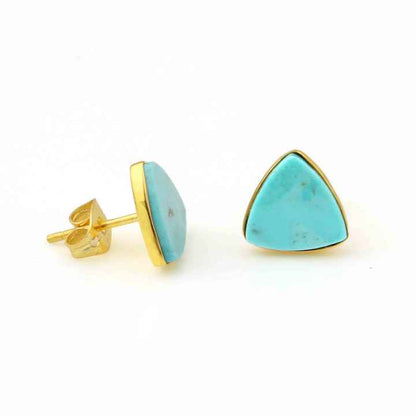New Arrival Solid 925 Sterling Silver 12mm Trillion Bezel Stud Earring Gold Genuine Arizona Turquoise Handmade Women-Gift