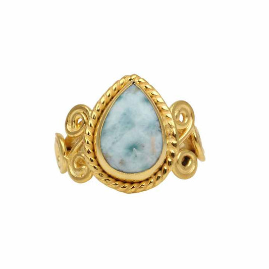 Best Selling 10x14mm Natural Blue Larimar Gemstone Bezel 18k Gold Plated Sterling Silver Designer Bohemian Wedding Ring Women