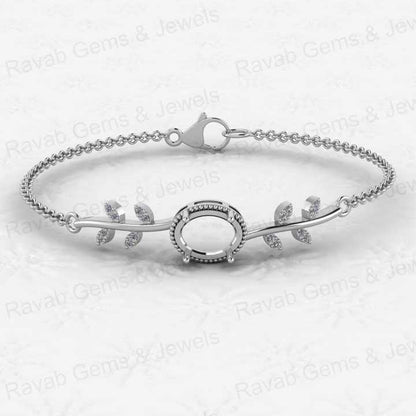 High Quality 925 Silver Semi Mount Bracelet 8x10mm Oval CZ Stone Base With Leaf Design Keepsake Jewelry Blank Setting