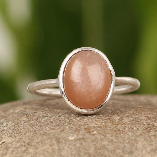 High Selling Dainty Peach Moonstone Oval Cabochon Handmade Women's Ring Solid 925 Sterling Silver Silver Plated Fine Jewelry