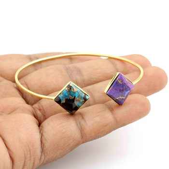 Natural Gemstone Blue Black Purple Copper Turquoise Sterling Silver Gold Plated Cuff Bangle for Men and Women