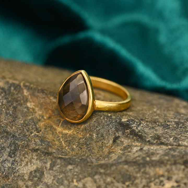 Top Quality Solid 925 Sterling Silver Natural Smoky Quartz Pear Checker Cut 10x14mm Bezel Setting 18k Gold Filled Ring for Women