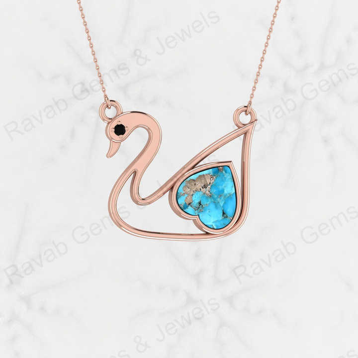 Hot Selling 925 Sterling Silver 10mm Pyrite Turquoise Heart Swan Bird Design Pendant Necklace High Quality Women's Fine Jewelry