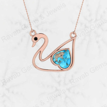 Hot Selling 925 Sterling Silver 10mm Pyrite Turquoise Heart Swan Bird Design Pendant Necklace High Quality Women's Fine Jewelry