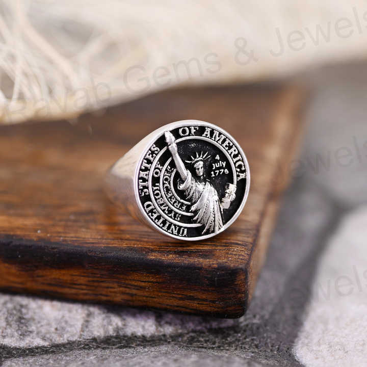 High Quality Genuine 925 Sterling Silver USA Statue of Liberty Personalized Men's Signet Ring Symbol of Freedom Fine Jewelry