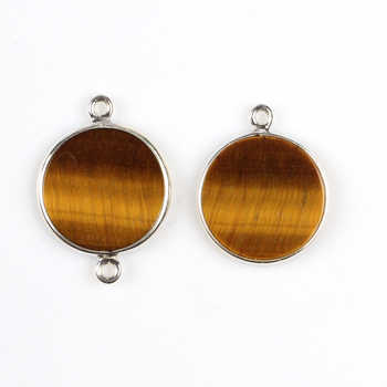 12mm Round Coin Natural Brown Yellow Tiger Eye Gemstone Bezel Sterling Silver Charms Connector Pendant for Necklace & Bracelet