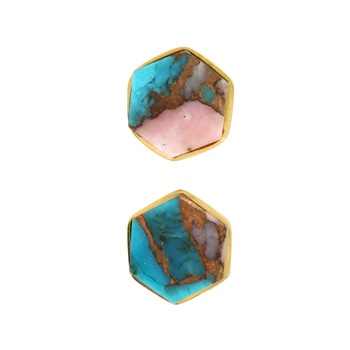 Genuine Solid 925 Sterling Silver 10mm Pink Opal Copper Turquoise Hexagon Shape 18k Gold Filled Stud Handmade Earring for Women