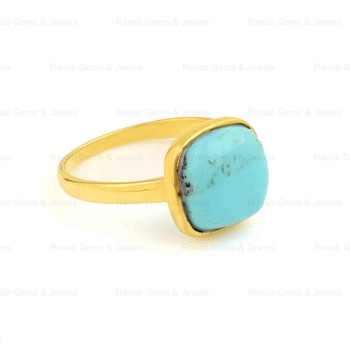 Beautiful High Quality 12mm Genuine Blue Kingman Arizona Turquoise Minimalist Dainty 18K Gold Plated Sterling Silver Ring Her