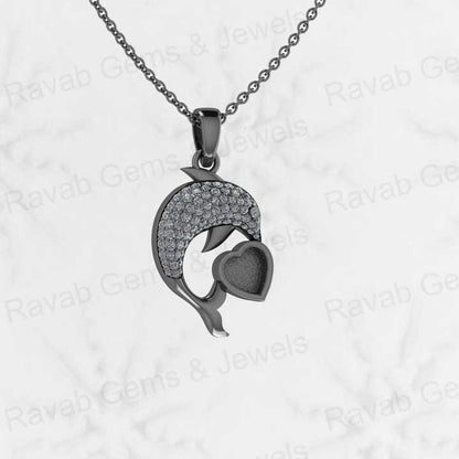 925 Sterling Silver 29x21mm Dolphin Fish Heart Charm Semi Mount Blank Pendant Resin Ashes Necklace Work Jewelry Charms Necklace