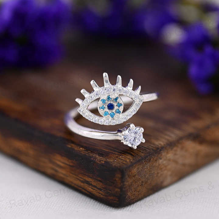 Best Selling Handmade 925 Sterling Silver Pave Zircon Lucky Eye Turkish Adjustable Prong Women Ring Minimalist Fine Jewelry