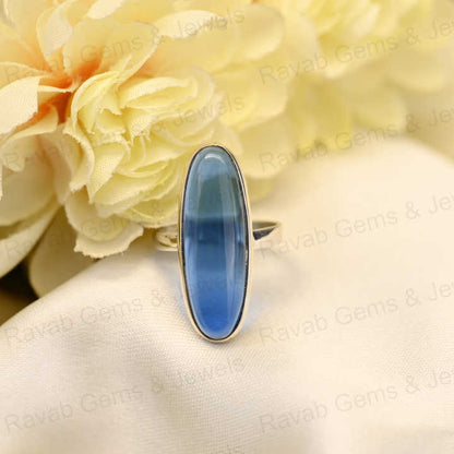 Top Selling Solid 925 Sterling Silver Blue Sapphire Quartz 10x30mm Long Oval Bezel Setting Ring for Women Fine Handmade Jewelry