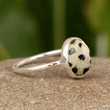 10x14mm Oval Dalmatian Jasper Cabochon Genuine Gemstone Set 925 Solid Sterling Silver Rhodium Fine Rings for Women's Daily Wear