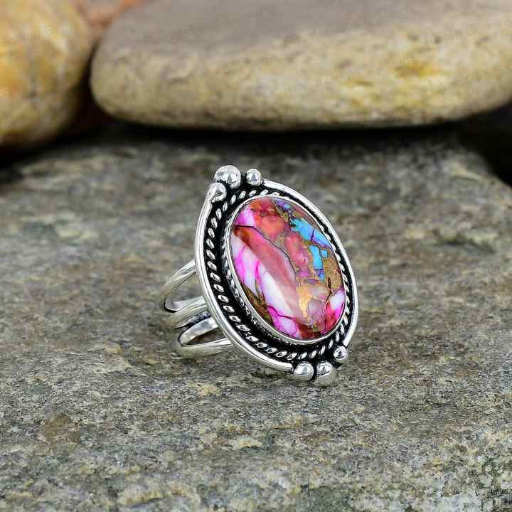 Natural Kingman Pink Dahlia Oyster Turquoise Solid 925 Sterling Silver Oval 10x14mm Bezel Setting Vintage Handmade Ring Women