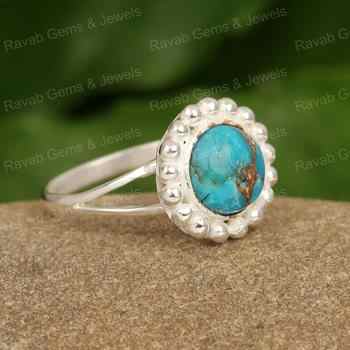 Top Quality Natural Blue Copper Turquoise Round Shape 12mm Solid 925 Sterling Silver Women Handmade Party Wear Ring Jewelry