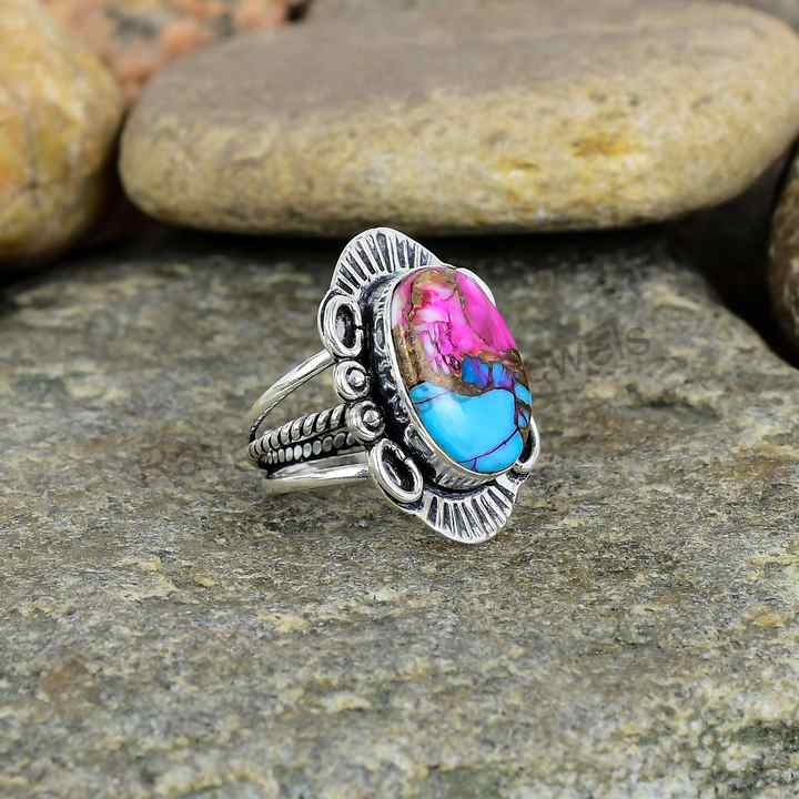 Natural Pink Spiny Oyster Turquoise Solid 925 Sterling Silver 10X14mm Bezel Setting Vintage Navajo 3 Band Handmade Ring Women