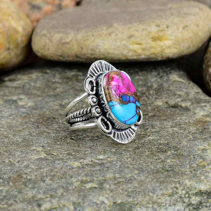 Natural Pink Spiny Oyster Turquoise Solid 925 Sterling Silver 10X14mm Bezel Setting Vintage Navajo 3 Band Handmade Ring Women