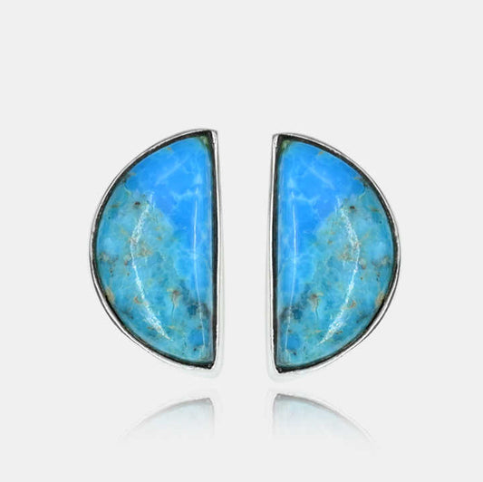Best Quality Solid 925 Sterling Silver Natural Arizona Turquoise 10x16mm Half Moon D Shape Bezel Stud Earring for Women