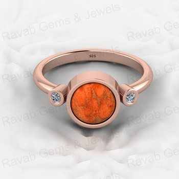 Fine Fashion Unisex Ring High Quality 925 Sterling Silver 8mm Orange Mohave Sponge Coral Band CZ High Quality Solid Sterling