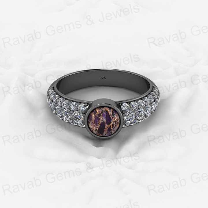 Top Selling Genuine 925 Sterling Silver Purple & Black Copper Turquoise Gemstone Bezel Setting CZ Round Ring for Custom Jewelry