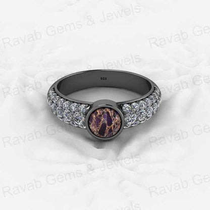Top Selling Genuine 925 Sterling Silver Purple & Black Copper Turquoise Gemstone Bezel Setting CZ Round Ring for Custom Jewelry