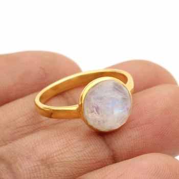 Christmas Sale Solid 925 Sterling Silver 18k Gold Natural Rainbow Moonstone 12mm Bezel Setting Ring for Women Fine Jewelry