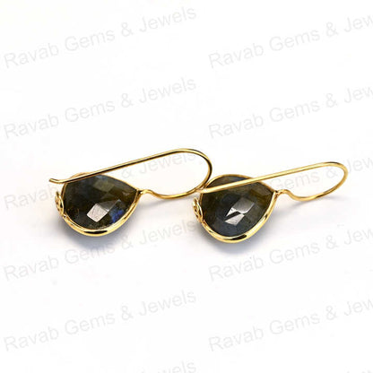 New Arrival Solid 925 Sterling Silver Natural Labradorite 12mm Checker Cut 18k Gold Plated Dangle Drop Fine Earring for Women