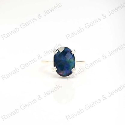 Solid 925 Sterling Silver Manmade Abalone Quartz Doublets Oval Checker Cut Prong Setting Ring for Women Handmade Jewelry
