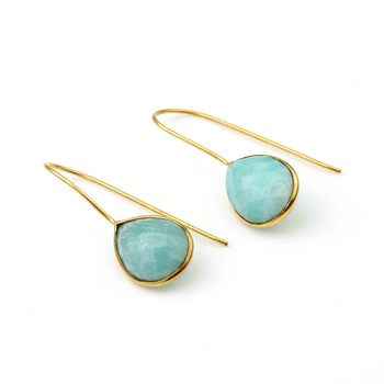 Best Selling 925 Sterling Silver Fine Dangle Earrings 12x16mm Natural Amazonite Bezel with Gold Plating Dainty Teardrop Design