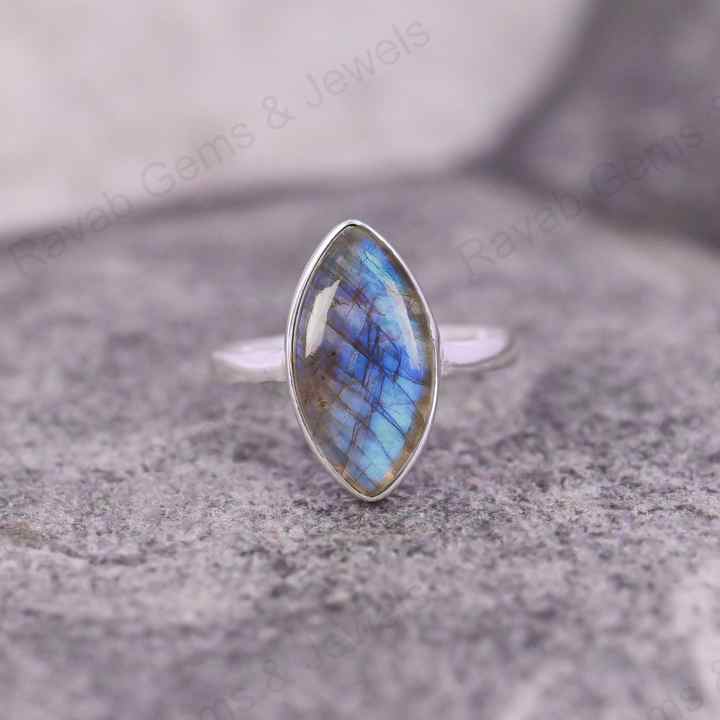 Top Quality Solid 925 Sterling Silver Natural Labradorite Marquise Shape 7x14mm Gemstone Bezel Setting Simple Band Fine Ring