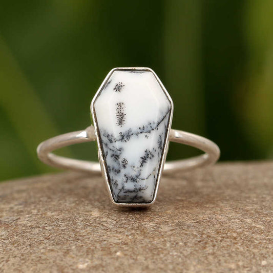 High Quality Natural Dendrite Opal Gemstone Coffin Shape 10x17mm Solid 925 Sterling Silver Fine Women's Handmade Ring Suppliers