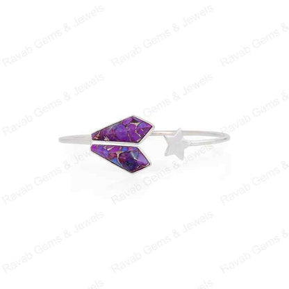 Purple Copper Turquoise Kite Shape 8x16mm Bezel Setting Star Design Solid 925 Sterling Silver Bangle Bracelet For Women Jewelry