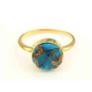 18K Gold Plated 925 Silver Ring Beautiful 12mm Natural Mohave Blue Copper Turquoise Gemstone Bezel Setting Fine Her Jewelry