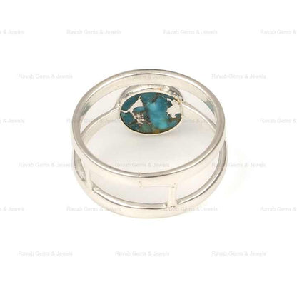 Genuine 925 Sterling Silver Natural Blue Copper Turquoise Round Shape Double Band Ring For Women Fine Handmade Jewelry Suppliers