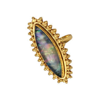 Gold Plated Silver Boho Marquise Shape Latest 18K Designer Ring Fine 10x30mm Abalone Shell Hydro Quartz Gemstone Bezel for Her